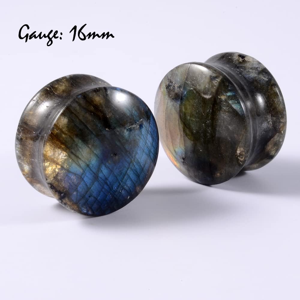 Paire d'écarteurs d'oreille en pierre labradorite double évasée Une paire, 16 mm