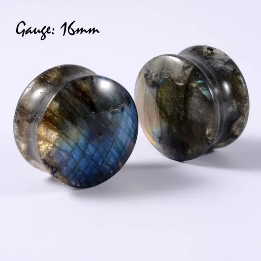Paire d'écarteurs d'oreille en pierre labradorite double évasée Une paire, 16 mm