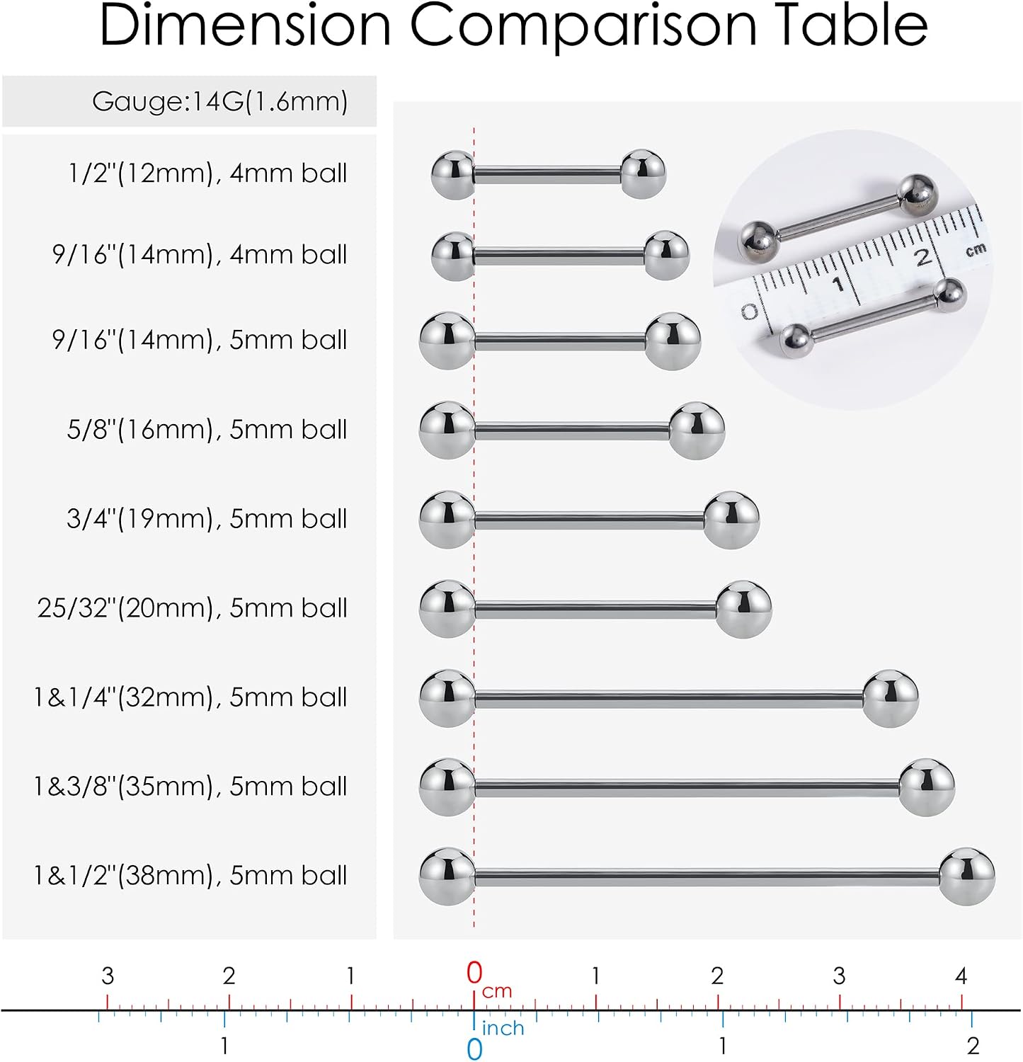 FINE4U – Anneaux d'haltère droits en titane ASTM F136 de 14 g pour téton, langue, fossé, industriel, hypoallergénique, cadeau pour femme et homme, sans nickel, sans plomb 14G (1,6 mm), 32 mm, haut 5 mm