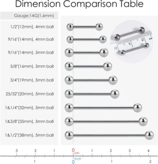 FINE4U – Anneaux d'haltère droits en titane ASTM F136 de 14 g pour téton, langue, fossé, industriel, hypoallergénique, cadeau pour femme et homme, sans nickel, sans plomb 14G (1,6 mm), 32 mm, haut 5 mm