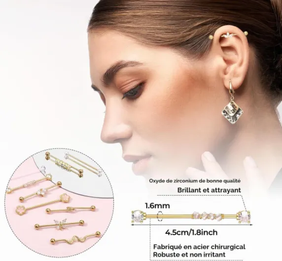 Tucnoeu 10 pièces de piercings industriels en barre en or, bijoux de perçage du corps en cartilage 45 mm 14 G pour femmes et hommes