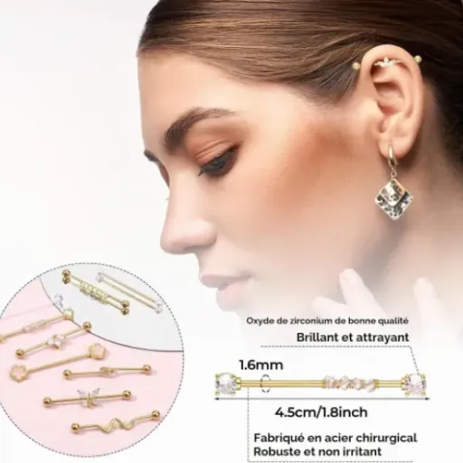 Test Tucnoeu 10 pièces de piercings industriels dorés : du stock pas cher pour changer souvent