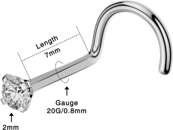 Piercing Nez Anneaux Titane Screw Nose Rings Stud Nez 20 Gauge Nose S Forme Crystal Rond Bijou Homme Femme 1 Zircone Ronde de 2 Mm