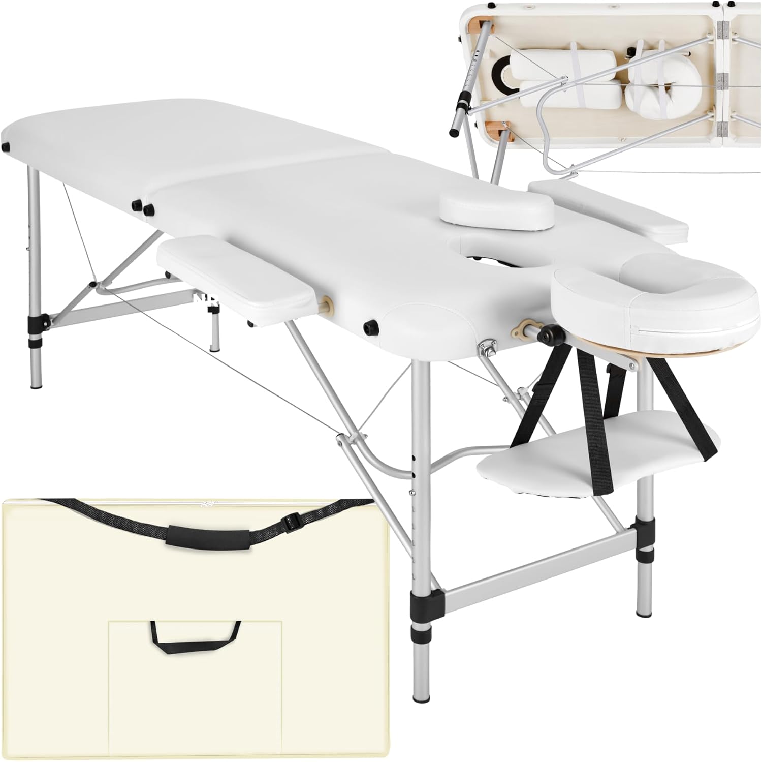 ® Table de Massage Pliante Professionnelle 2 Zones Aluminium Cosmetique Lit de Massage Table Esthetique Tatouage Portable avec Repose Bras, Housse de Transport Incluse
