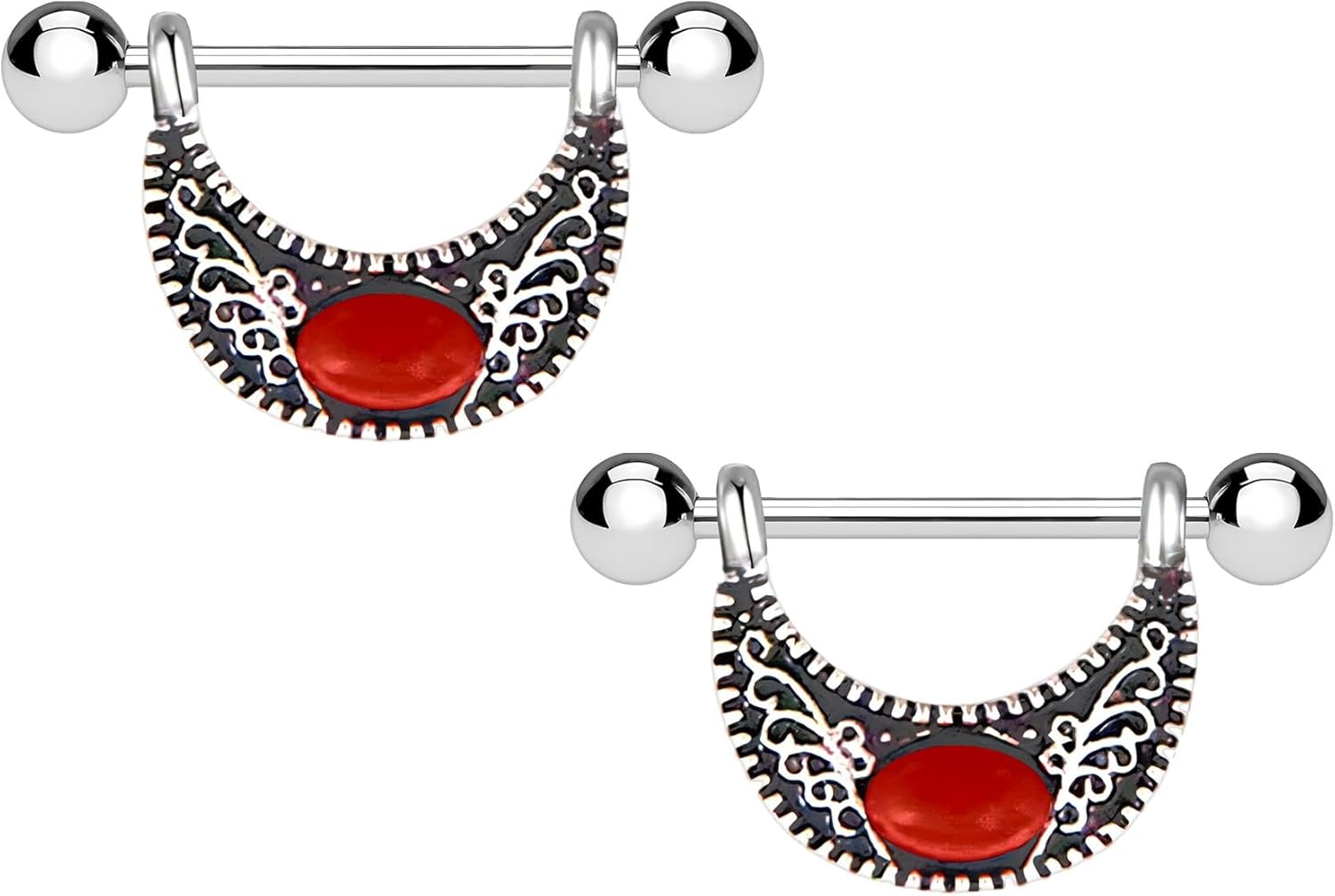 Surgical Steel Nipple Jewelry with Tribal Ornament, Barbell Piercing Adult Fetish Breast Piercing Silver