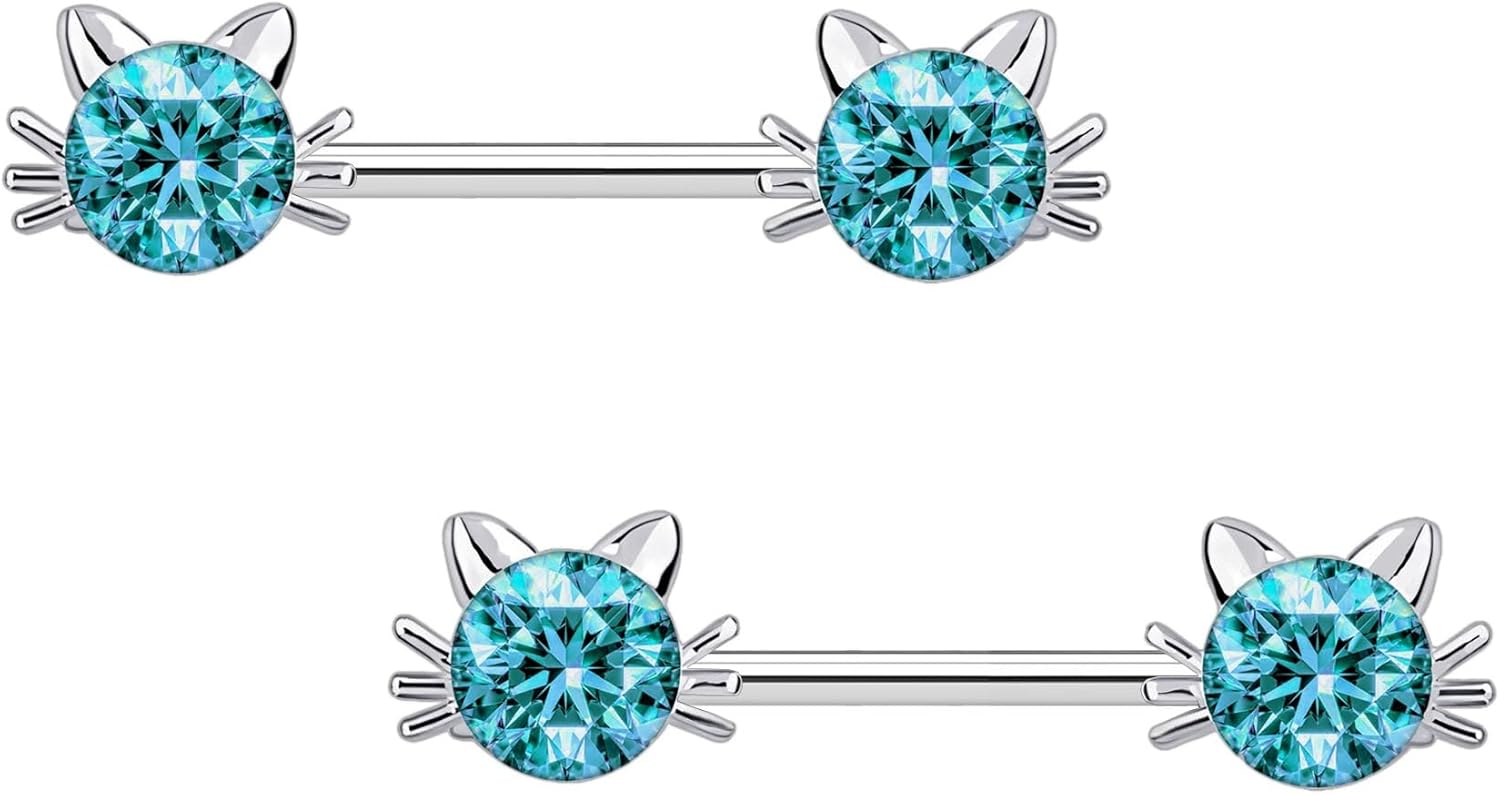 Surgical Steel Nipple Jewelry with Crystal Cat Face, Straight Barbell Adult Nipple Piercing Fetish Jewelry Silver