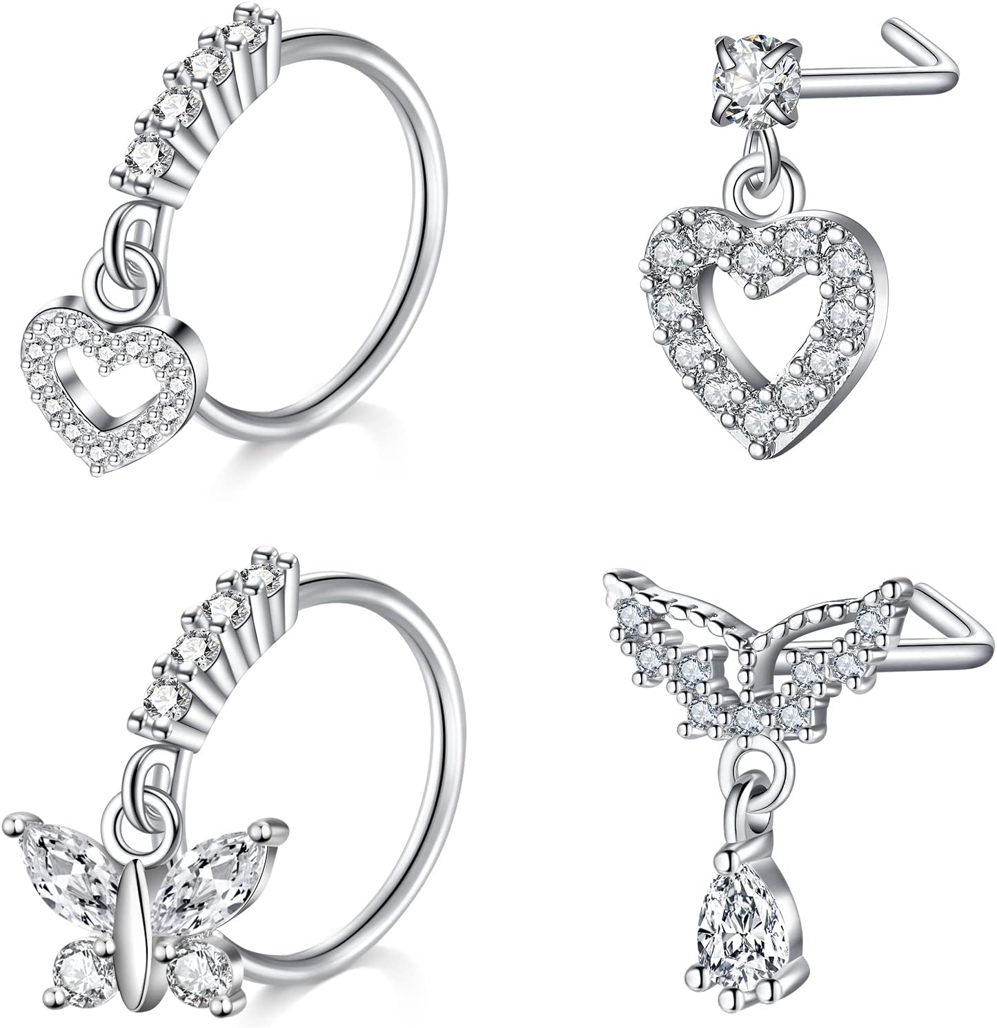 Piercing Nez Acier Chirurgical 20G Piercing Nez en Forme de L avec Coeur Fleur Papillon Ramure CZ Piercing de Nez pour Femme Homme Argent Or Rose Argent Style A