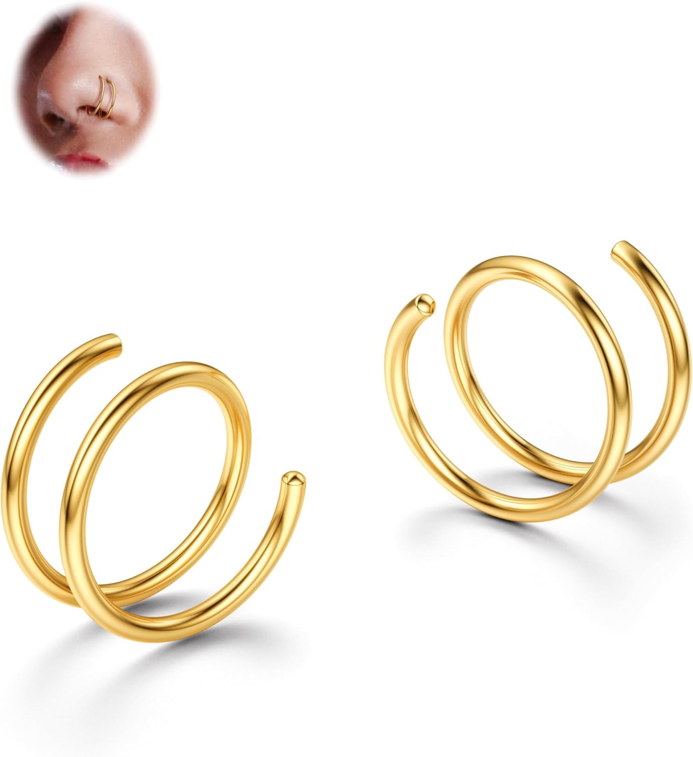 Lot de 2 à 8 Pièces en Acier Inoxydable 316L Adouci Double Cerceau Piercing Nez pour Piercing Simple 22G 20G 18G Anneaux de Nez en Spirale Torsadés Pliables pour Femmes 8 mm 10 mm 1 paire-or 18g8mm