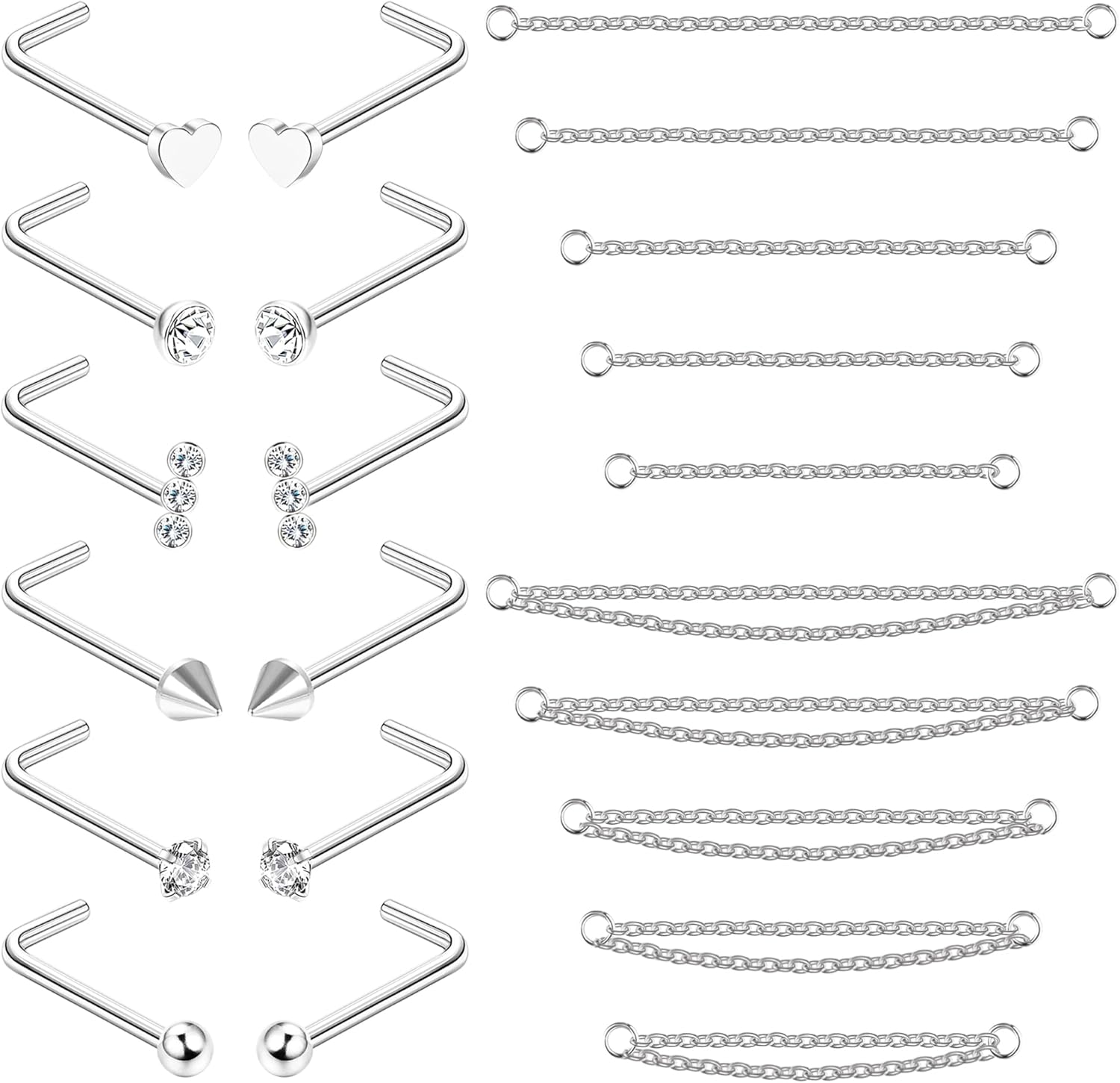 Adramata 12Pcs Nez Anneau 10Pcs Chaîne de Nez Acier Chirurgical Piercing au Nez pour Double Piercing de Nez 20G Nez Stud Argent Anneau de Nez pour Femme Homme Argent-b