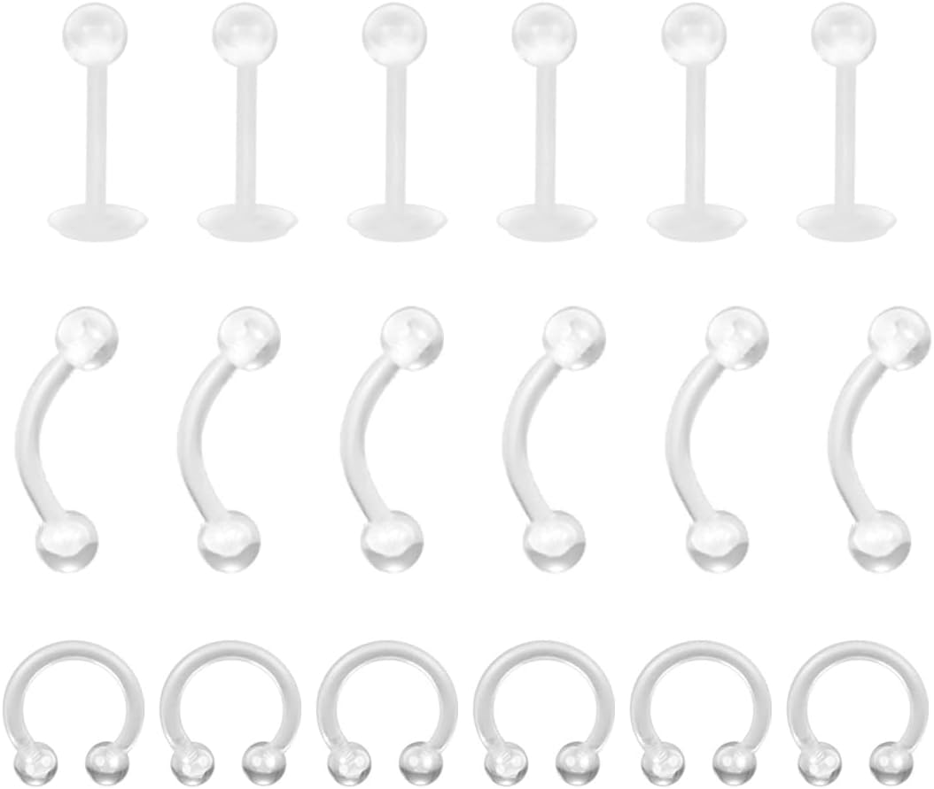 LuLiyLdJ support de perçage d'oreille flexible 18 pièces perçage de lèvre acrylique piercing de sourcil cerceau spirale membrane de tragus anneau de fer à cheval piercing bijoux