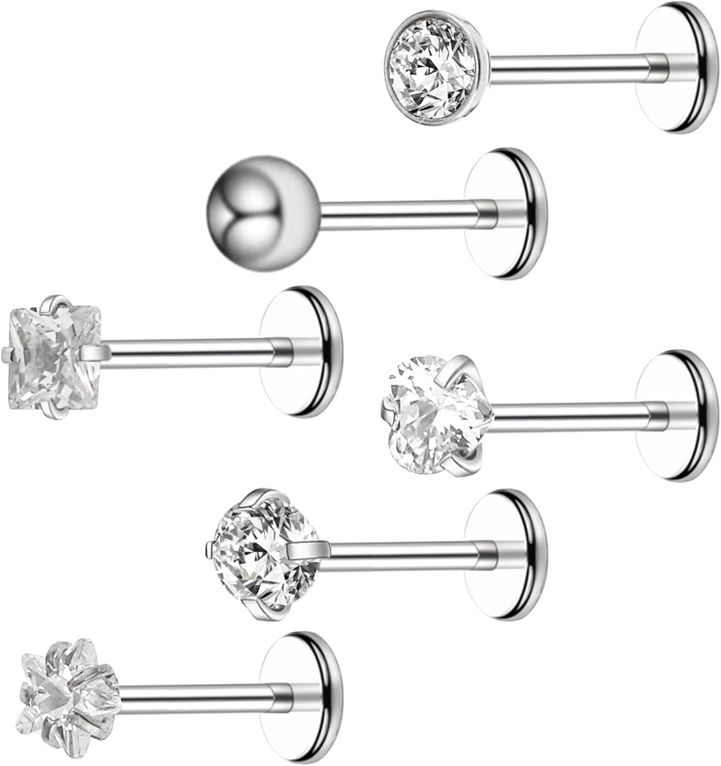 6 Pieces Piercing Tragus Femme 16G Acier Chirurgical Helix Lèvre Piercing 8mm Argent avec Zircone Tragus Helix Piercing Bijoux