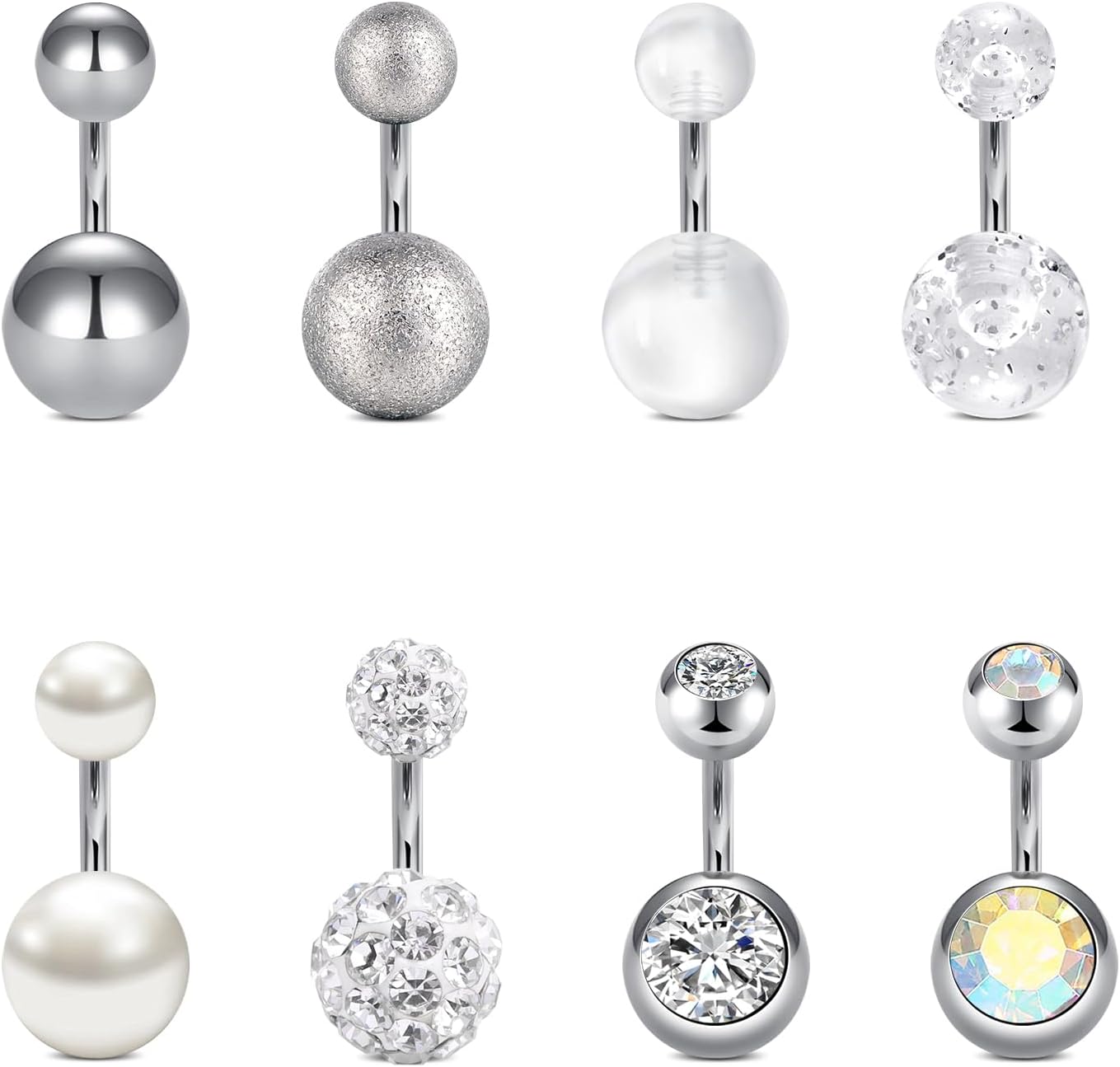 FECTAS 8pcs Piercing Nombril 14G 6/10/8/14mm Acier Chirurgical Piercing Nombril Piercing Bijoux pour Femmes Hommes A -Argent, 6mm