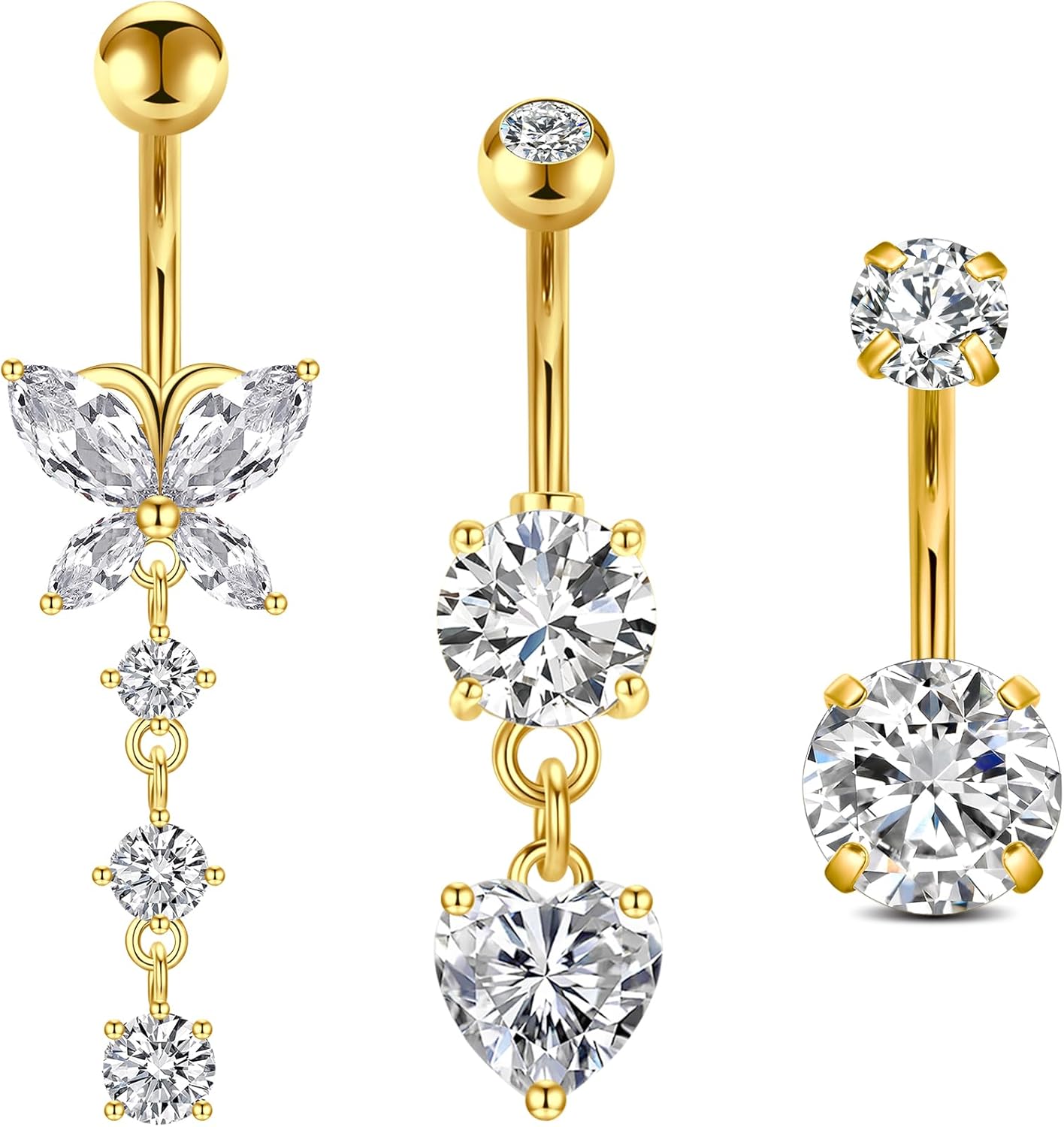 FECTAS Piercing Nombril 14G 10mm Acier Chirurgical CZ Coeur Papillon Diamant Piercing Nombril Piercing Bijoux pour Femmes Hommes Argent Or B -Or