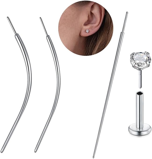 Lot de 4 outils d'insertion de labret, outil de changement de piercing sans fil, outil d'insertion de perçage, outil d'insertion de perçage, kit d'étirement d'oreille sans fil 16 g, 18 g, 20 g 20 g, 18 g, mélange incurvé