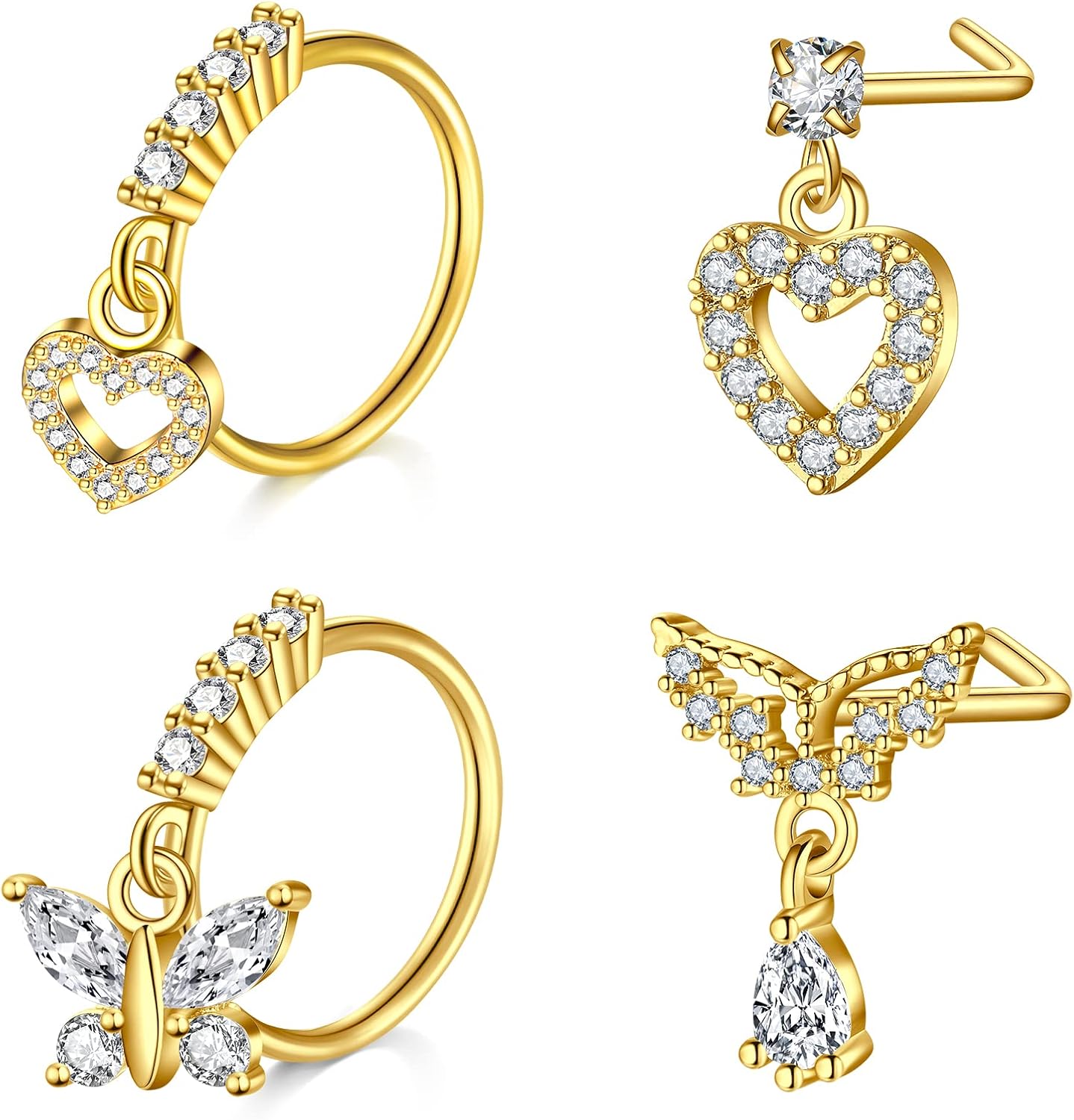 Piercing Nez Acier Chirurgical 20G Piercing Nez en Forme de L avec Coeur Fleur Papillon Ramure CZ Piercing de Nez pour Femme Homme Argent Or Rose Doré Style A