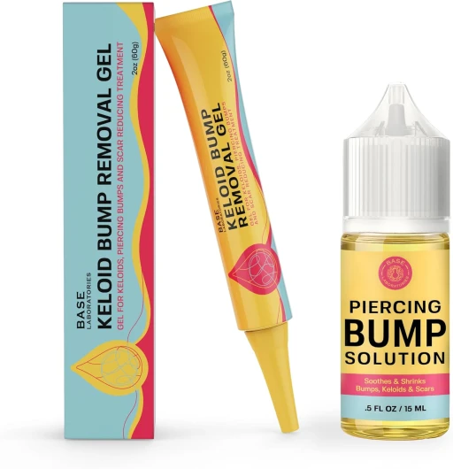 BASE LABORATORIES Kit de Perçage des Bosses Chéloïdes - Solution pour piercing (15 ml) + Gel pour bosses chéloïdes (60 ml) - Kit pour cicatrices chéloïdes, chéloïdes et bosses