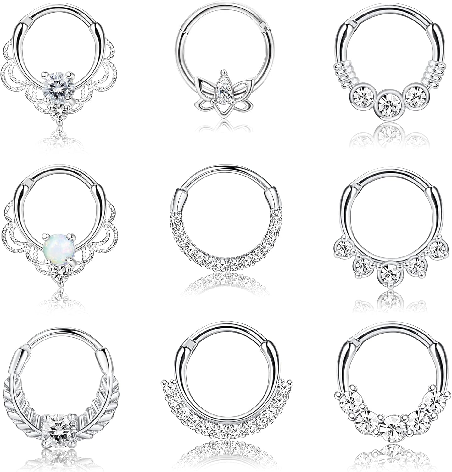 CASSIECA 9PCS 16G Piercing Nez Anneaux Acier Chirurgical Hypoallergénique Tragus Piercing Septum Anneaux Opal CZ Helix Cartilage Piercing Conch Daith Piercing Oreille 8MM