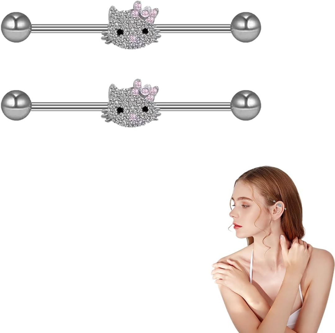 HQR Piercing Industriel,Piercing Oreille Acier Inoxydable,Kitty,Industriel Piercing Bijoux,Piercing Barbell,Forme de chaton Mignon,Acier Inoxydable Industriel Barbell Boucles D'oreilles,1.6*38 mm,Rose