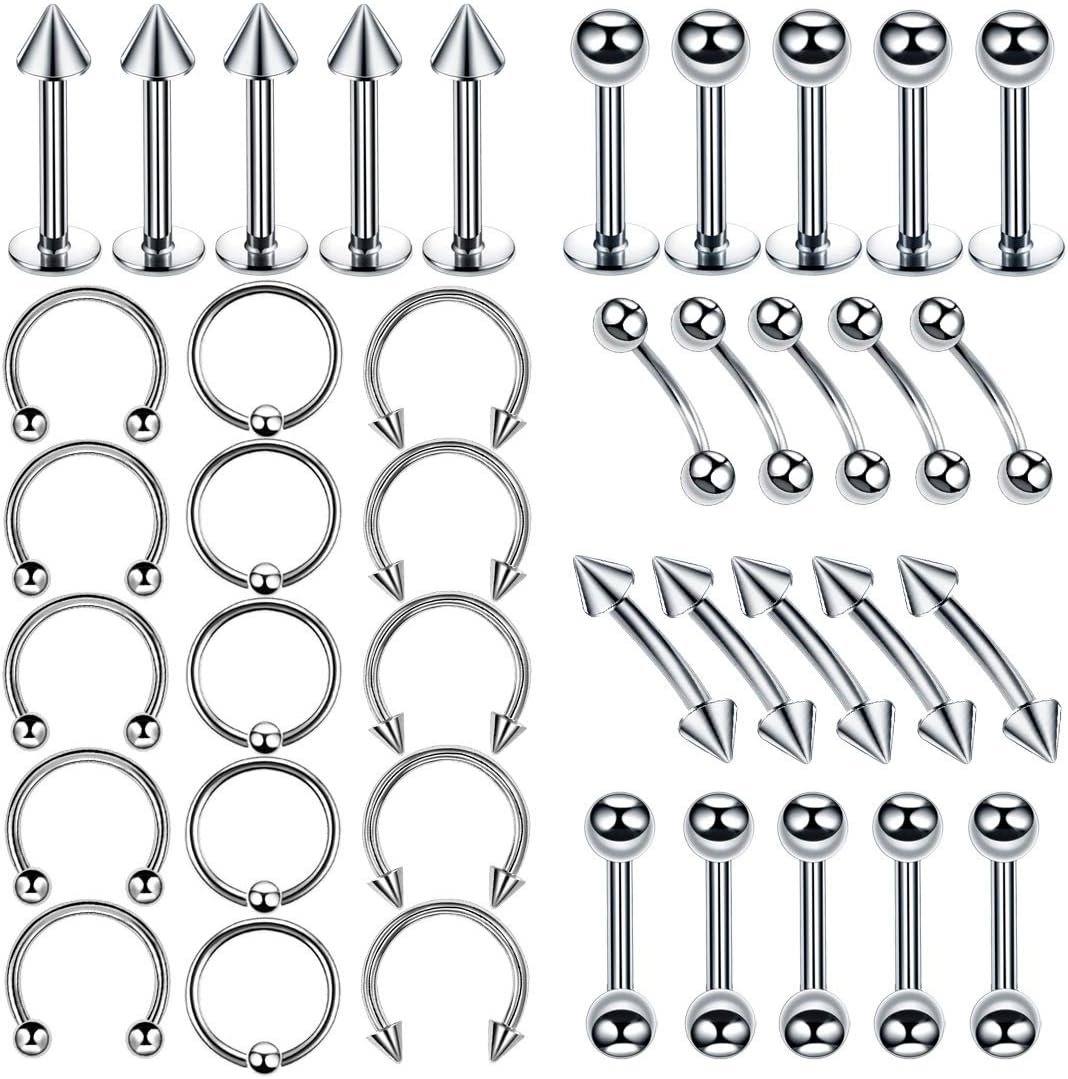 BODYA 40Pcs Piercing Kit Jewelry Stainless Steel Nose Lip Tongue Eyebrow Piercings Rings Septum Piercings Helix Tragus Piercings 16G Argent - 40 pièces.