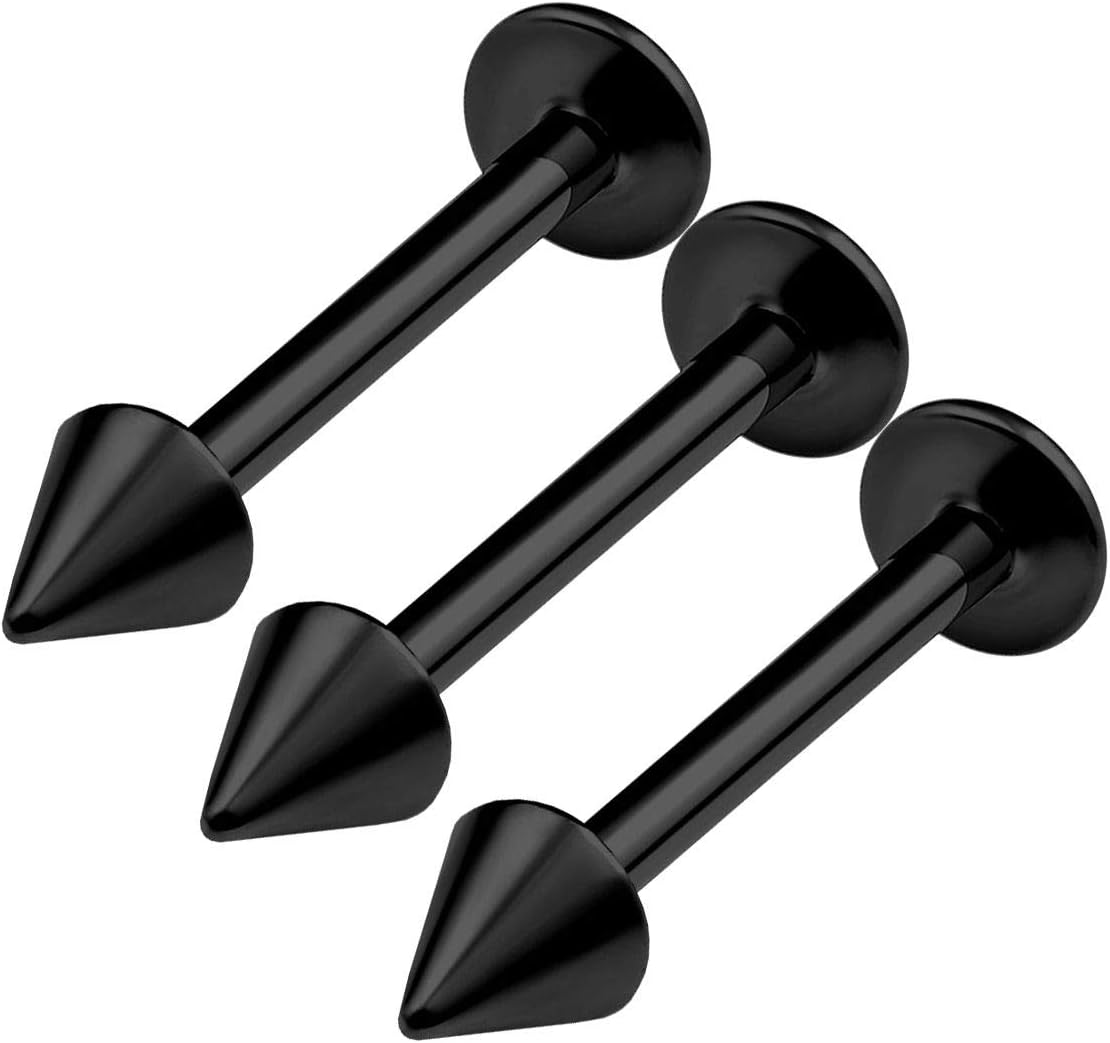 KJM FASHION 3PCS Surgical Steel Black Labret Lip Rings 16 gauge 3mm Spike Tragus Earrings Vertical Labret Piercing Jewellery Choose Sizes Noir