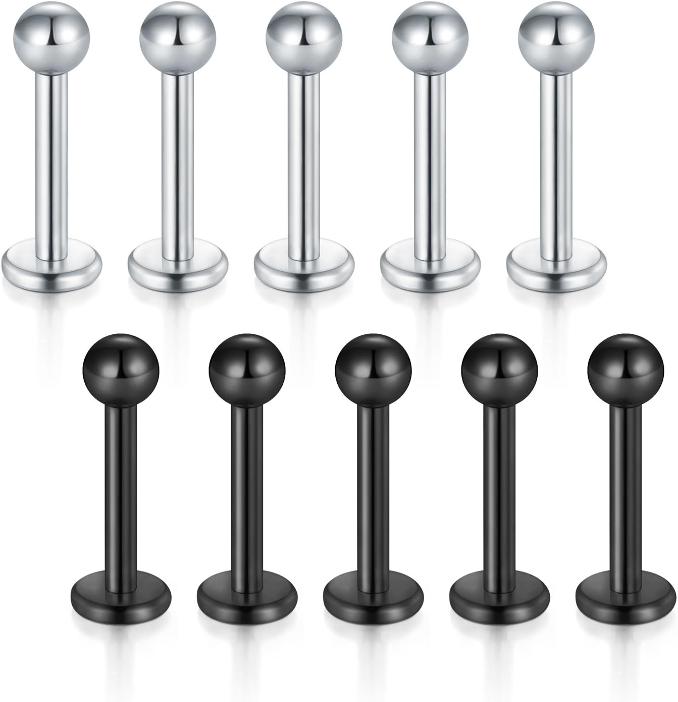 10 pcs en Acier Inoxydable Lèvre Labret Stud Tragus Hélix Cartilage Stud Bar Piercing Bijoux Argent et Noir 8mm