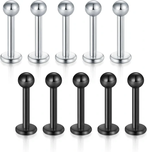 10 pcs en Acier Inoxydable Lèvre Labret Stud Tragus Hélix Cartilage Stud Bar Piercing Bijoux Argent et Noir 8mm