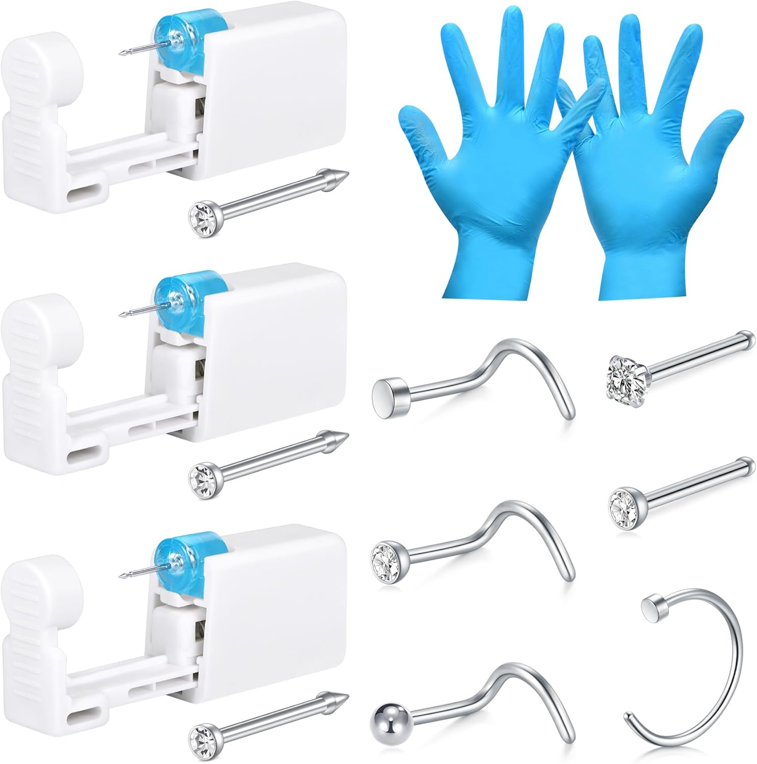 Kit pistolet piercing nez,4 pièces pistolet à piercing nez avec fiche neze, sécurité Portable auto-piercing nez Or/argent Set avec 6 fiches à piercing nez Bague et gants