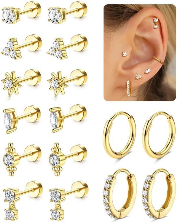 8 Paires Boucles d'Oreilles Femmes Acier Chirurgical Piercing Oreille Or Argent Creoles Piercing Helix Cartilage Clous d'oreilles Boucle d'Oreille Créoles Multiple Piercings Hypoallergénique Boucles d'Oreilles-Or