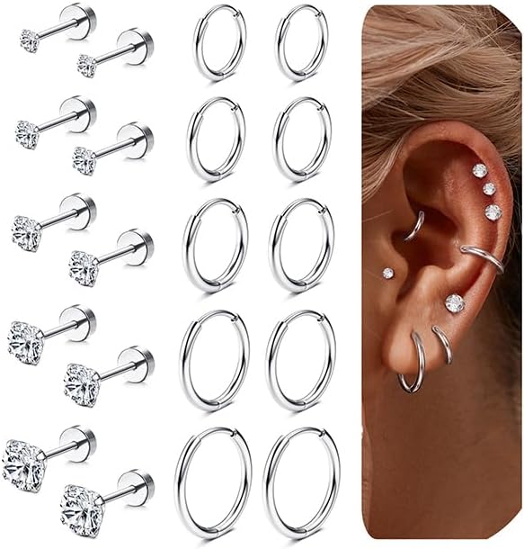 YADOCA 10Pairs Boucles d'oreilles Argent/Or pour Femme Hypoallergénique Piercing Oreilles Acier Chirurgical Boucles d'oreilles Médicales Créoles Set Helix Cartilage Piercings