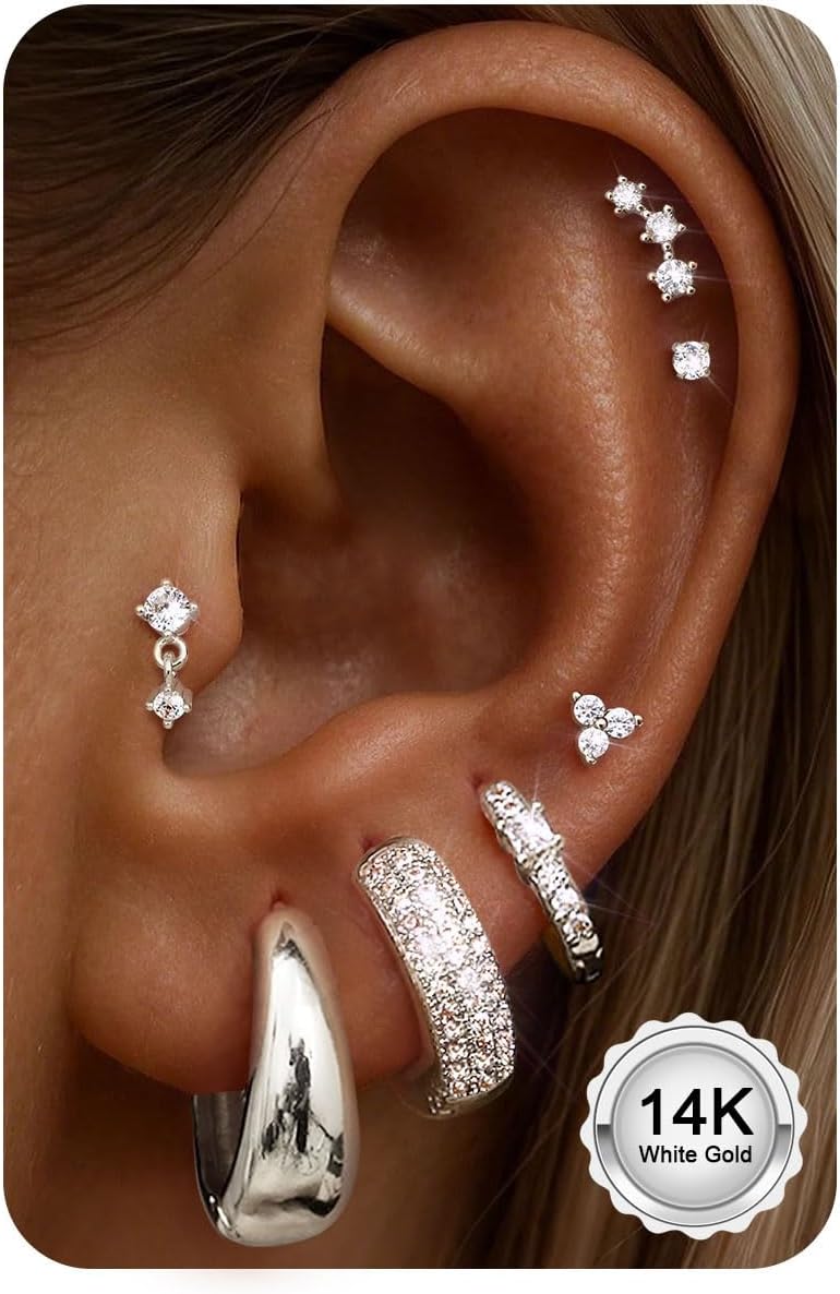 CASSIECA 7Pairs Boucles d'Oreilles Femme Piercing Oreille Acier Inoxydable Boucle d'Oreille Plaqué Or 14K Argent Piercing Helix Tragus Bijoux Femme Ton Argent