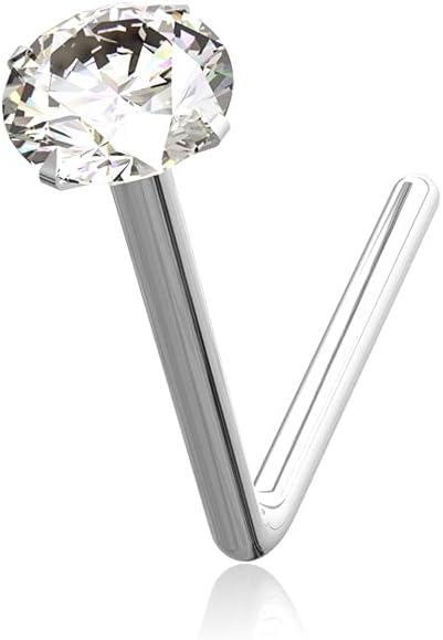 9K Or Blanc Broche Set Pierre CZ Ronde 22 Gauge L Bend Nez Stud Piercing