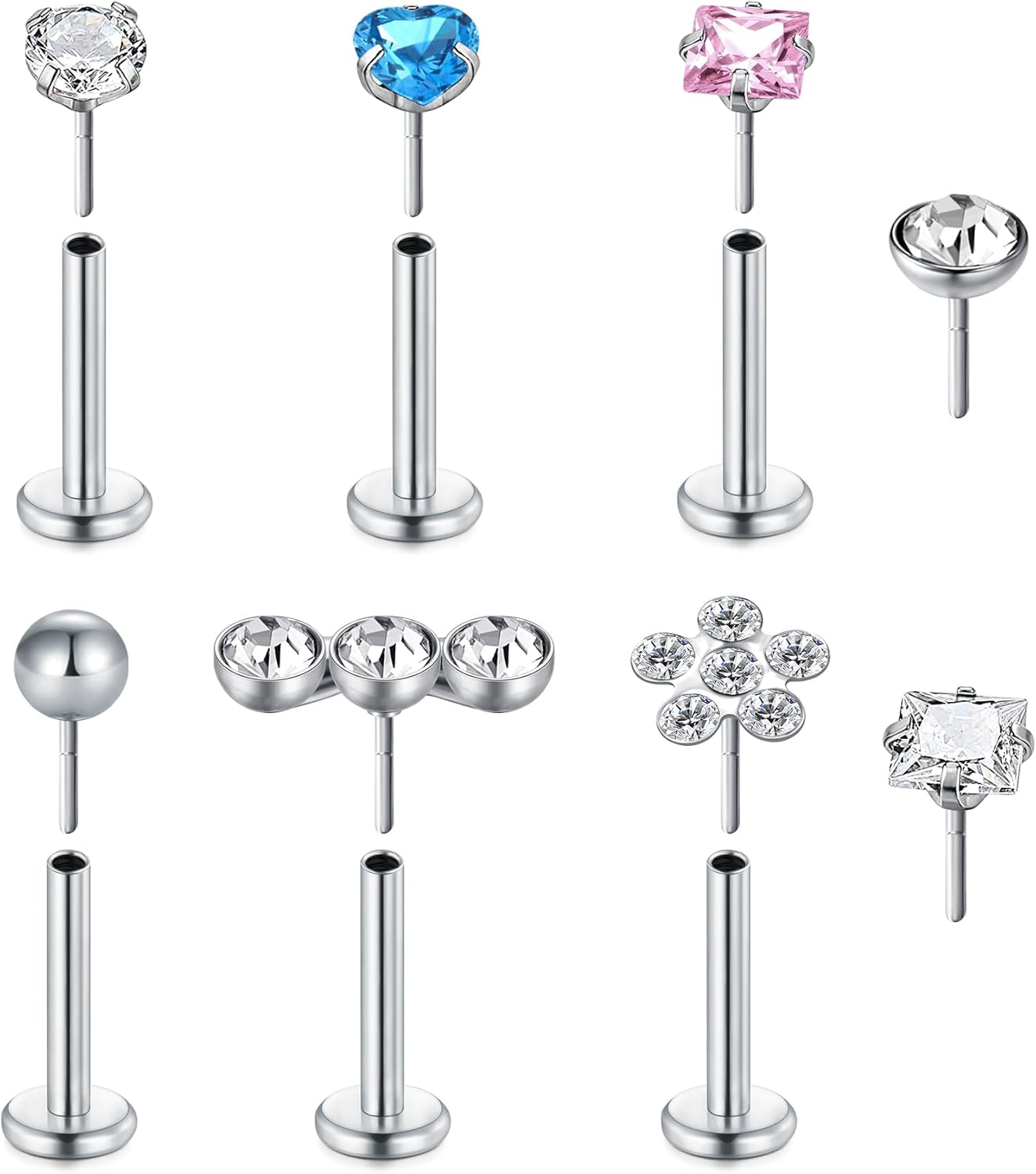 VF VFUN 20G Piercing Nez Acier Chirurgical Diamant Cz Sans Filetage Push In Labret Lèvre Nostril Bijoux Tragus Helix