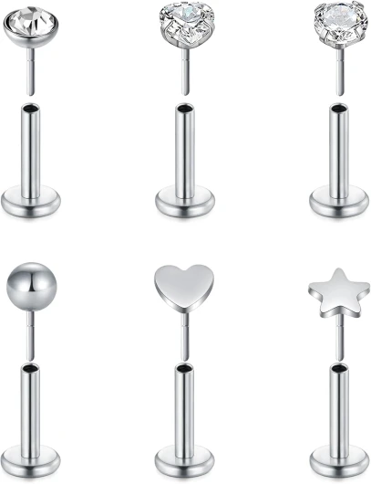 VF VFUN 16G Piercing Lèvre Acier Chirurgical Diamant CZ Piercing Labret Nez Studs Cartilage Tragus Helix Oreille 6mm 8mm Bijoux Piercing pour Femmes Hommes Argent1