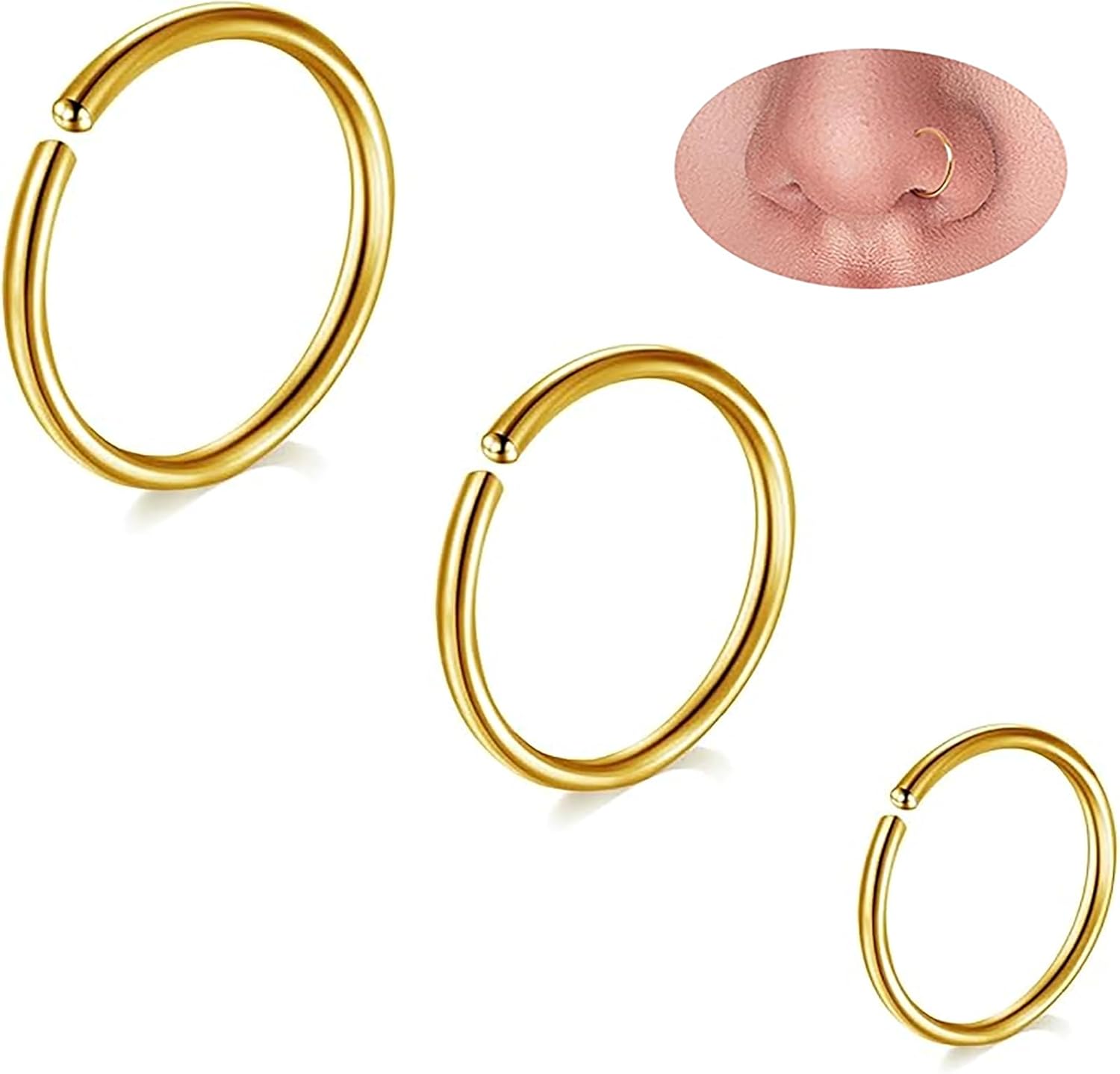 AzureRay piercing nez anneau or acier inoxydable hypoallergénique, cartilage hélix septum tragus concha plusieurs tailles convient aux hommes et aux femmes 18G 20G 6MM 8MM 10MM pack de 3