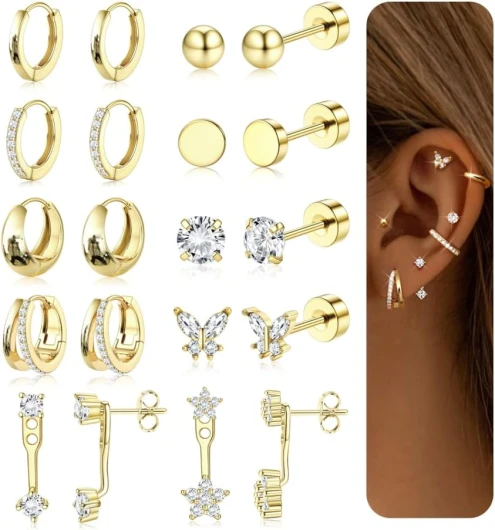 10 Paires Lot Paires Boucles d'Oreilles Femme Acier Inoxydable Piercing Oreille Acier Inoxydable Bijoux Femme Boucles d'Oreilles Femme Argent/Or Ton Oro