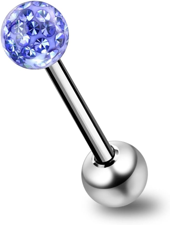 ?poxy TR?fle Multi Cristal Pierre Boule 14 Gauge Barbell Droite en Acier Chirurgical Langue Barre Piercing
