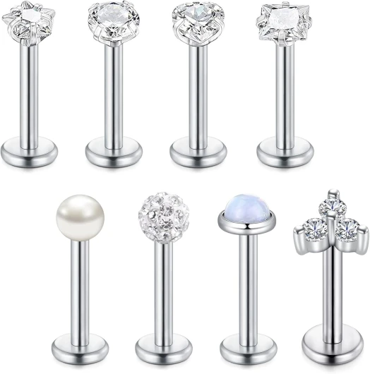 8pièces Piercing Levre Labret 10mm Argent 16G Acier Inoxydable Piercing Helix Monroe Medusa Bijoux