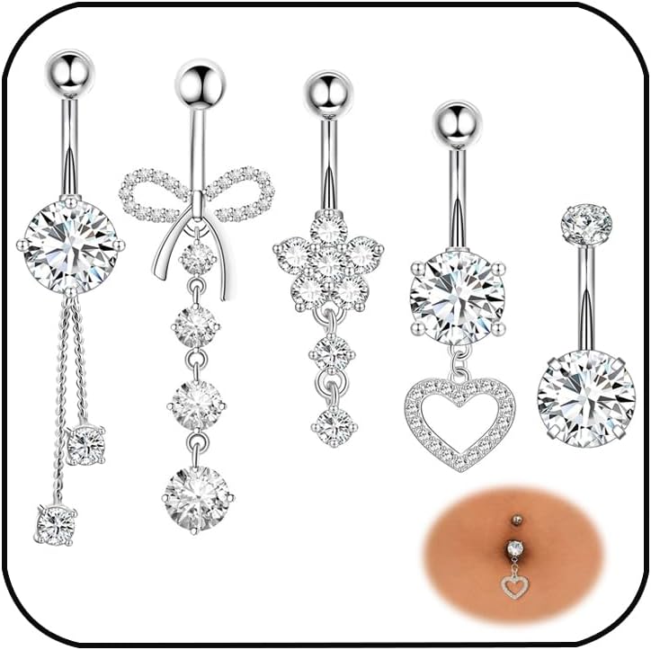 Uwiyo 5 Pièce 14G Piercing Nombril Femme, Acier Chirurgical Piercing Nombril Anneau Argent Or CZ Boule Piercing Ventre Anneaux Nombril Coeur Fleur Pendentif Nombril Piercing Bijoux pour Femme