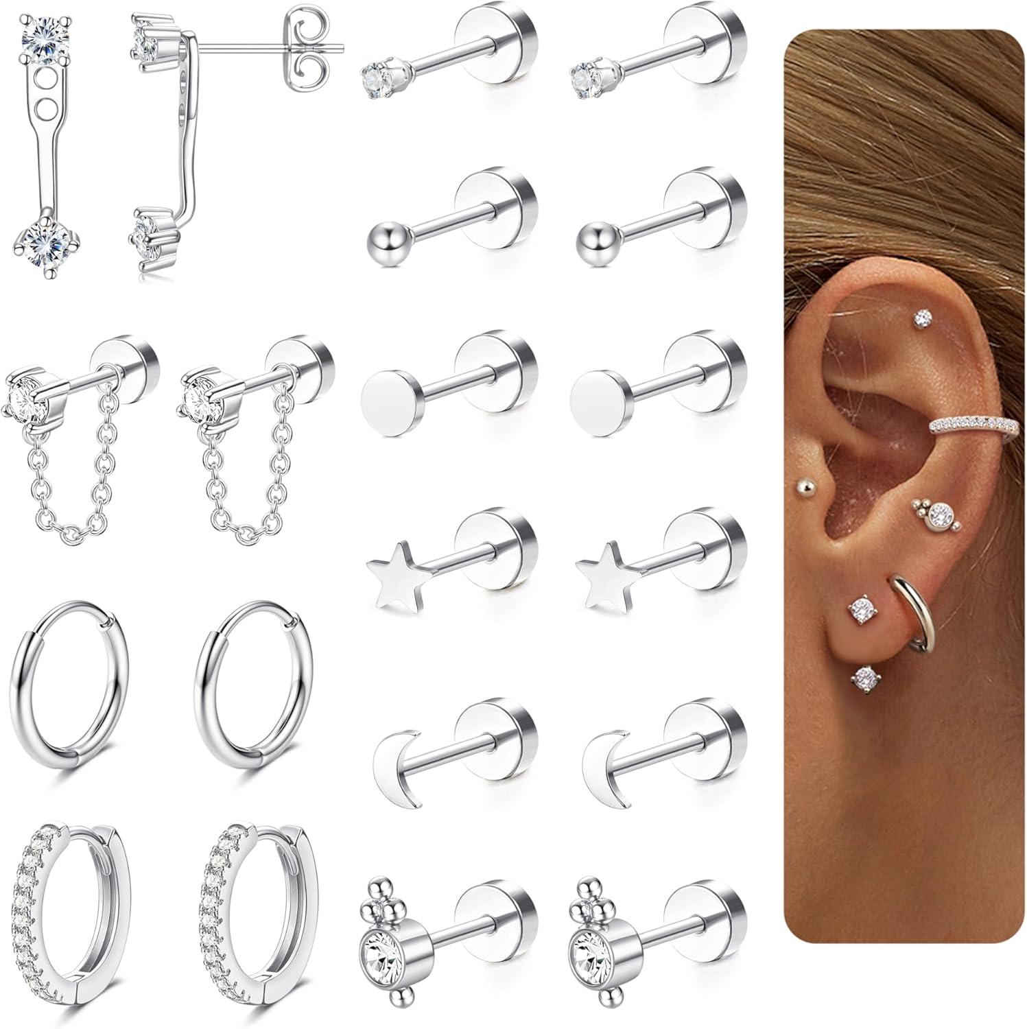 10Paires Boucle d'oreille Acier Inoxydable Boucles d'Oreilles Femme Or/Argent Hypoallergénique Piercing Oreille Creoles Piercing Helix Tragus Conch Cartilage Boucle Oreille Femme