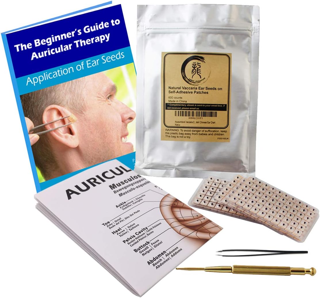 Kit de Graines Auriculaires pour Etats Multiples 600 Unités, Diagramme de Positionnement dans un eBook, Sonde, Diagramme pour Acupuncture, Pincette 600x + eBook + Sonde + Diagramme