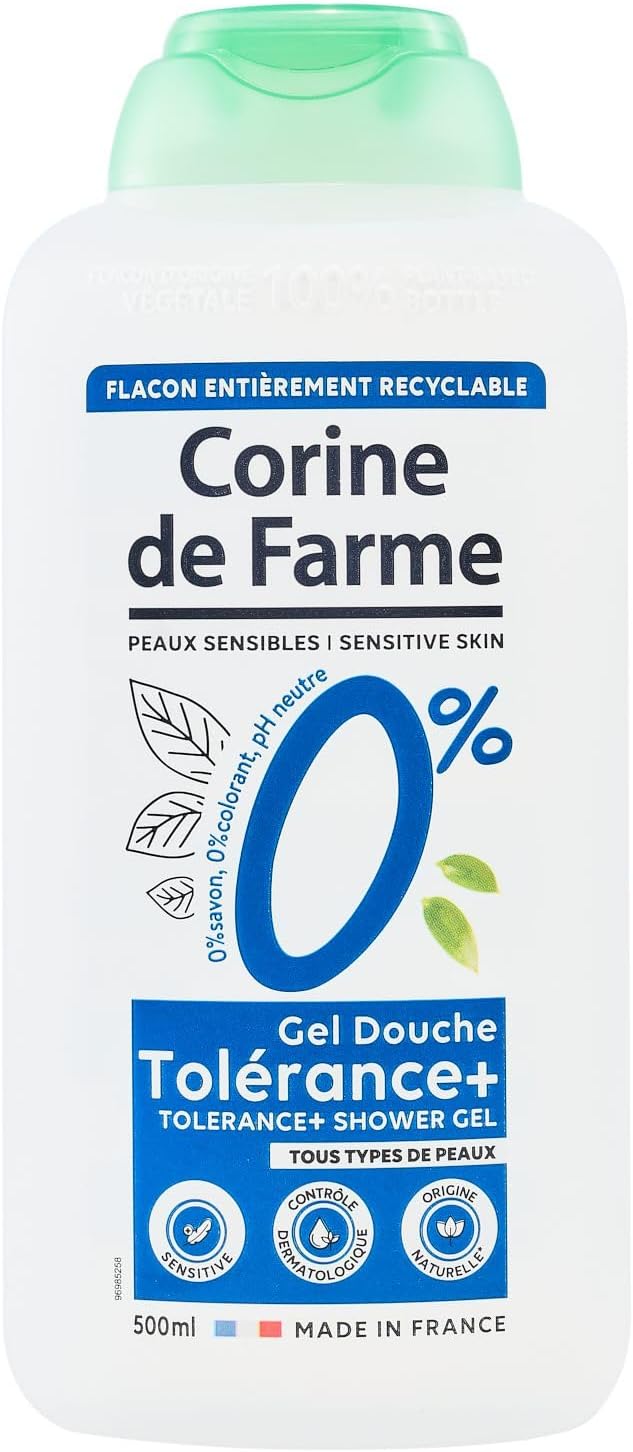 Gel Douche Hypoallergénique 0% Tolérance+ Peaux Sensibles - pH Neutre, Sans Savon ni Colorant, Naturel - Fabrication 100% Française - 500ml 500 ml (Lot de 1) Gel Douche Hypoallergénique 0% + Peaux Sensibles