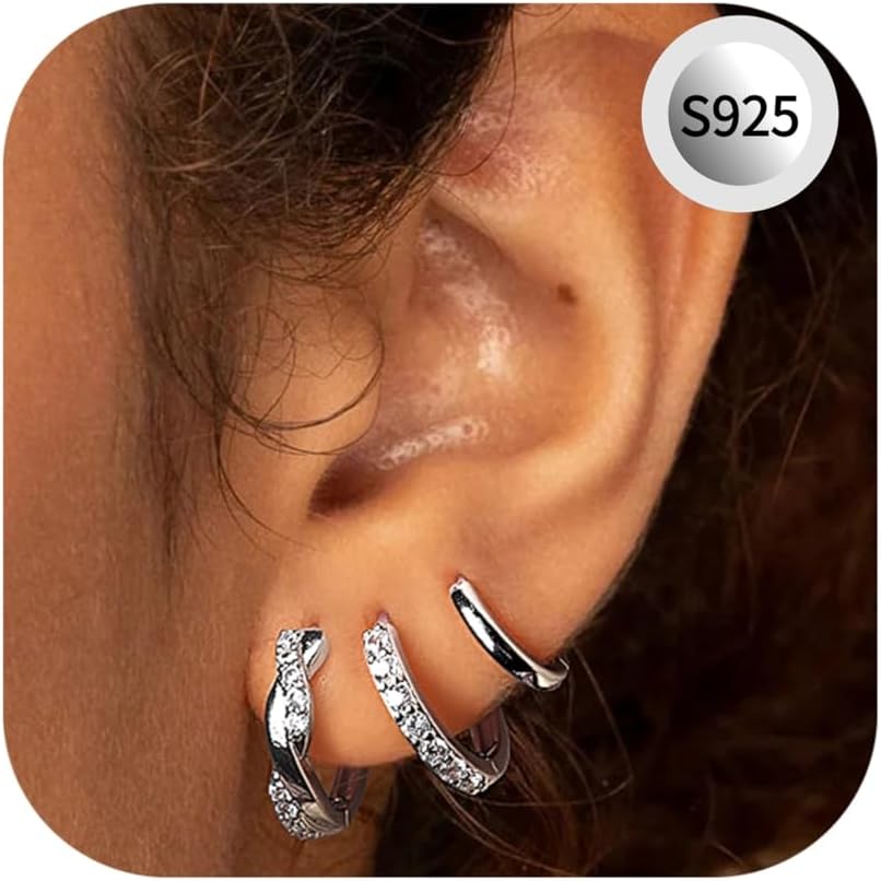 MACACHII Lot de 3 Paires Boucles d’Oreilles Femme Argent 925 – Plaqué Or 14K, Créoles Mini et Clou d’Oreille Femme, Hypoallergénique avec Zirconium Piercings Multiples Helix Tragus Cartilage 8/10/12MM--Argent