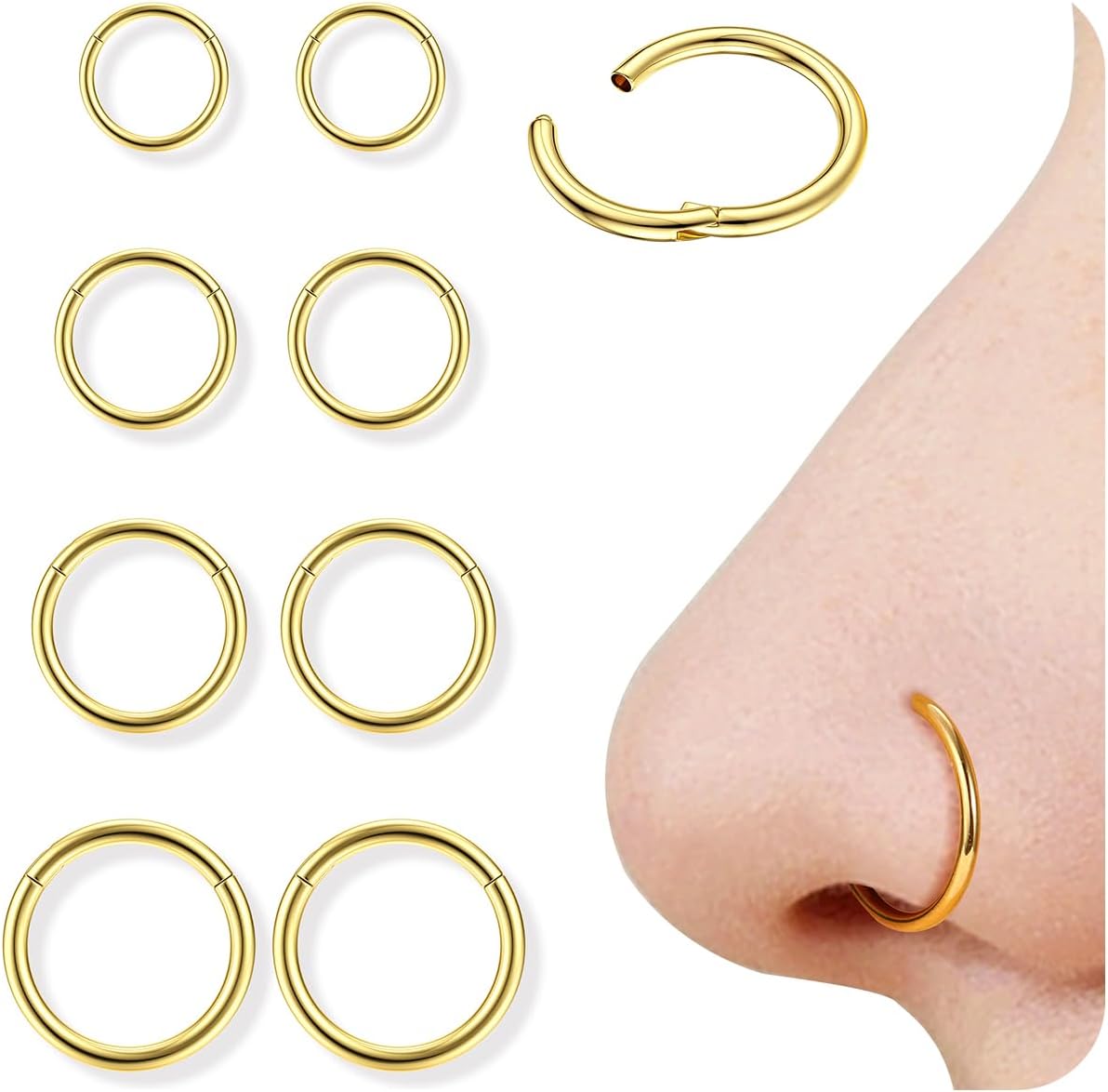 Diamday 8pcs Piercing Nez Anneaux 316L Acier Chirurgical Piercing Septum 16G/18G Hinged Anneau Segment Clicker Nez Piercing Oreille Helix Conch Tragus Daith Rook Boucles d'oreilles 6mm/8mm/10mm/12mm Or 16G-6/8/10/12mm