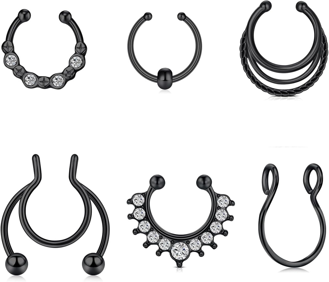 Faux Piercing Nez Anneaux 20G Faux Septum Piercing Non-Piercing Oreille Femme Homme Piercing Lèvre Anneaux Faux Noir 6pcs