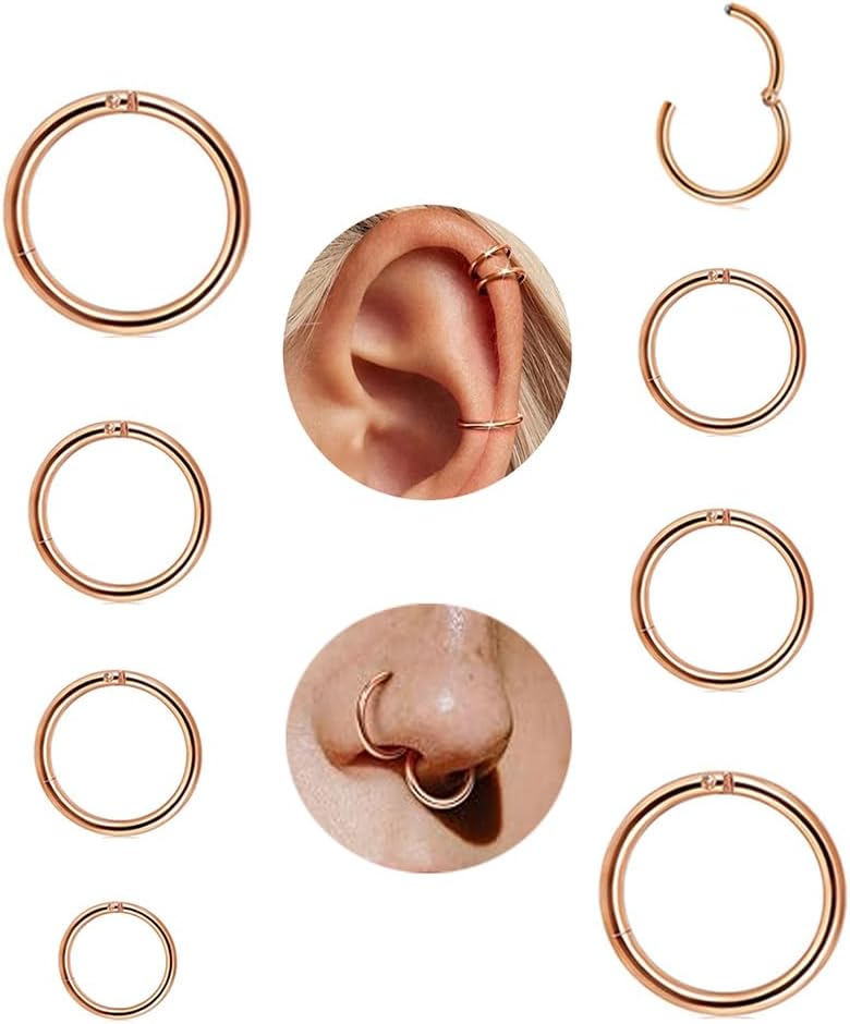Habselikob 8Pcs Piercing Nez Anneaux Acier Chirurgical Piercing Oreille Hoop Hinged Anneau Septum Clicker 16G/18G Septum Conch Tragus Daith Piercing 6mm/8mm/10mm/12mm