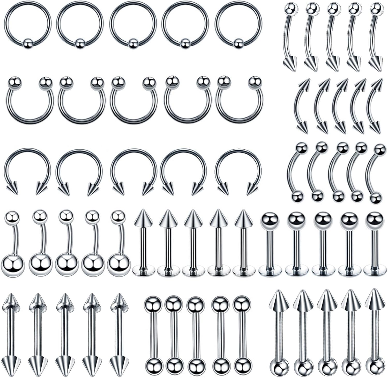 Uwiyo 60 Pièces Kit Piercing, 16G Kit Piercing en Acier Inoxydable Anneaux de Nombril Cartilage Piercing Helix Daith Septum Nez Oreille Teton Barbell Langue Levre Kit Unisexe Argent-1,2*8mm