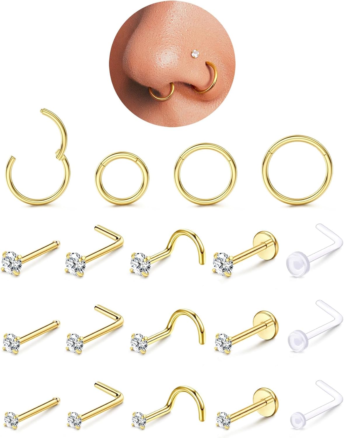 Morfetto Piercing de nez hypoallergénique or/argent, acier inoxydable chirurgical 316L or 20G(0.8mm)