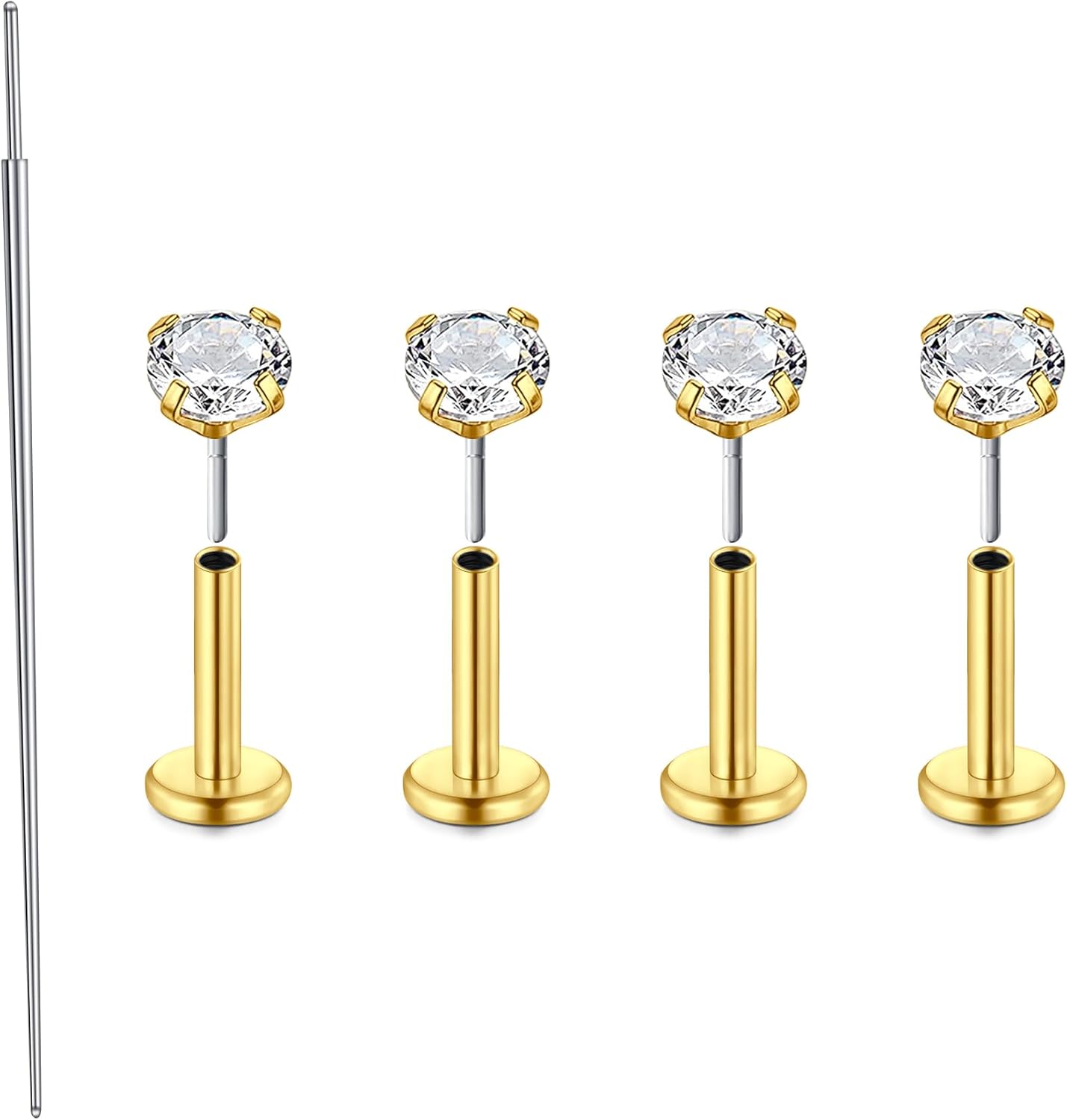20G Piercing Tragus Piercing Labret Argent en Acier Inoxydable 20G 6MM Piercing Lèvre Nez Cœur Minimaliste Piercing Bijoux Boucle Oreille Femme Élégant 4pcs 4pcs-or Rond Cz