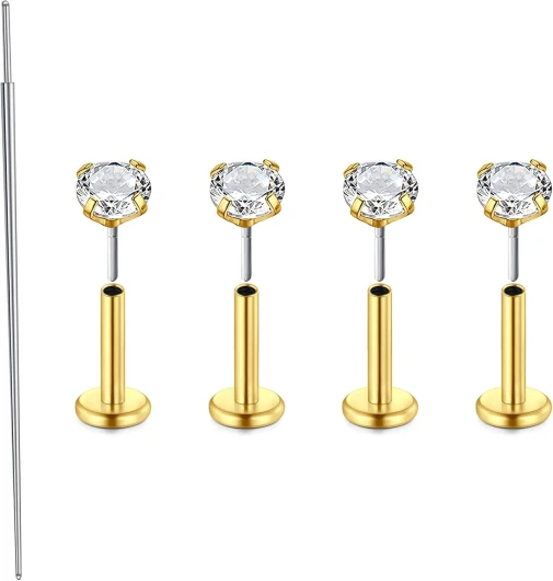 20G Piercing Tragus Piercing Labret Argent en Acier Inoxydable 20G 6MM Piercing Lèvre Nez Cœur Minimaliste Piercing Bijoux Boucle Oreille Femme Élégant 4pcs 4pcs-or Rond Cz