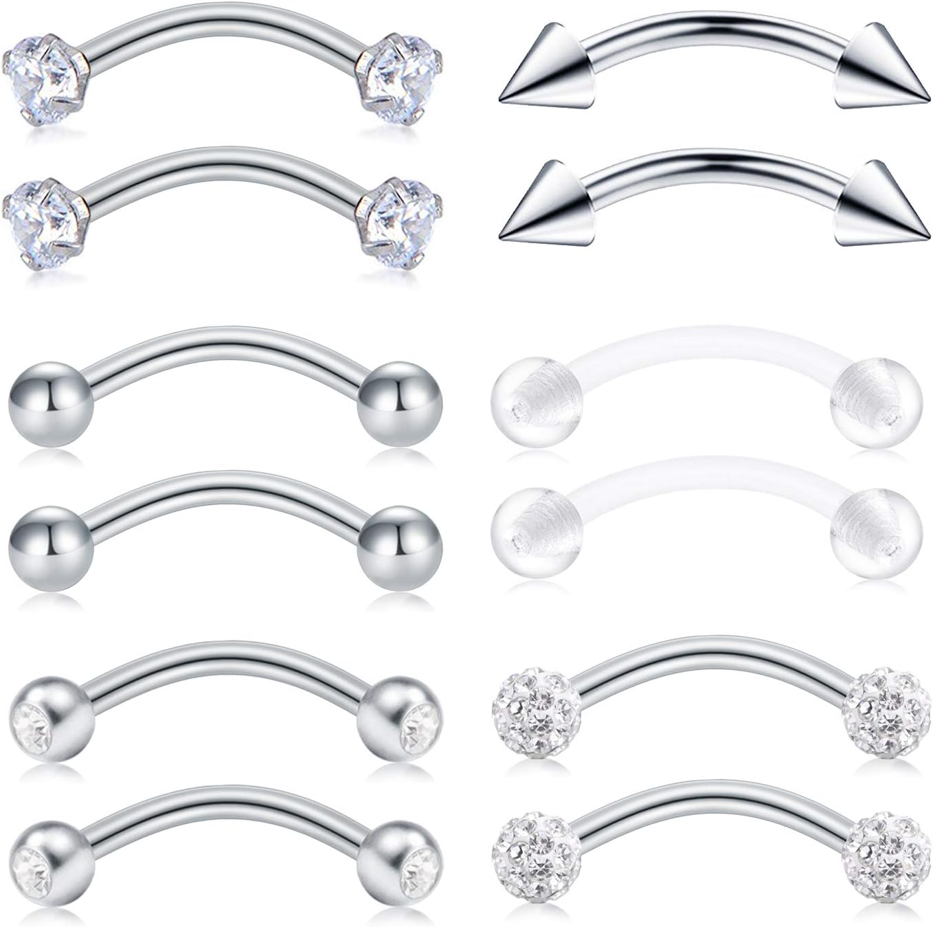 Acier Chirurgical 316L Piercing Sourcils Rook Oreille Piercing Bananes Rook Oreille Arcade Curved Barbell Piercing 16G Nombril Anneaux 12Pcs-Argent